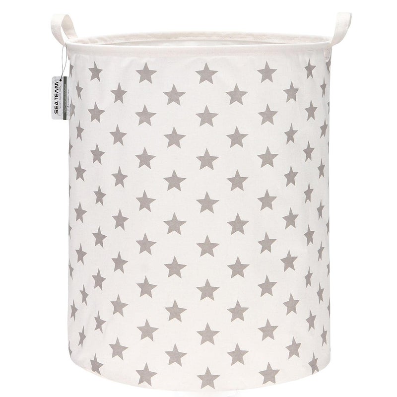 Sea Team 19.7 Inches Large Sized Waterproof Coating Ramie Cotton Fabric Folding Laundry Hamper Bucket Cylindric Burlap Canvas Storage Basket with Stylish Stars Design (19.7", Grey Star) - Image 1